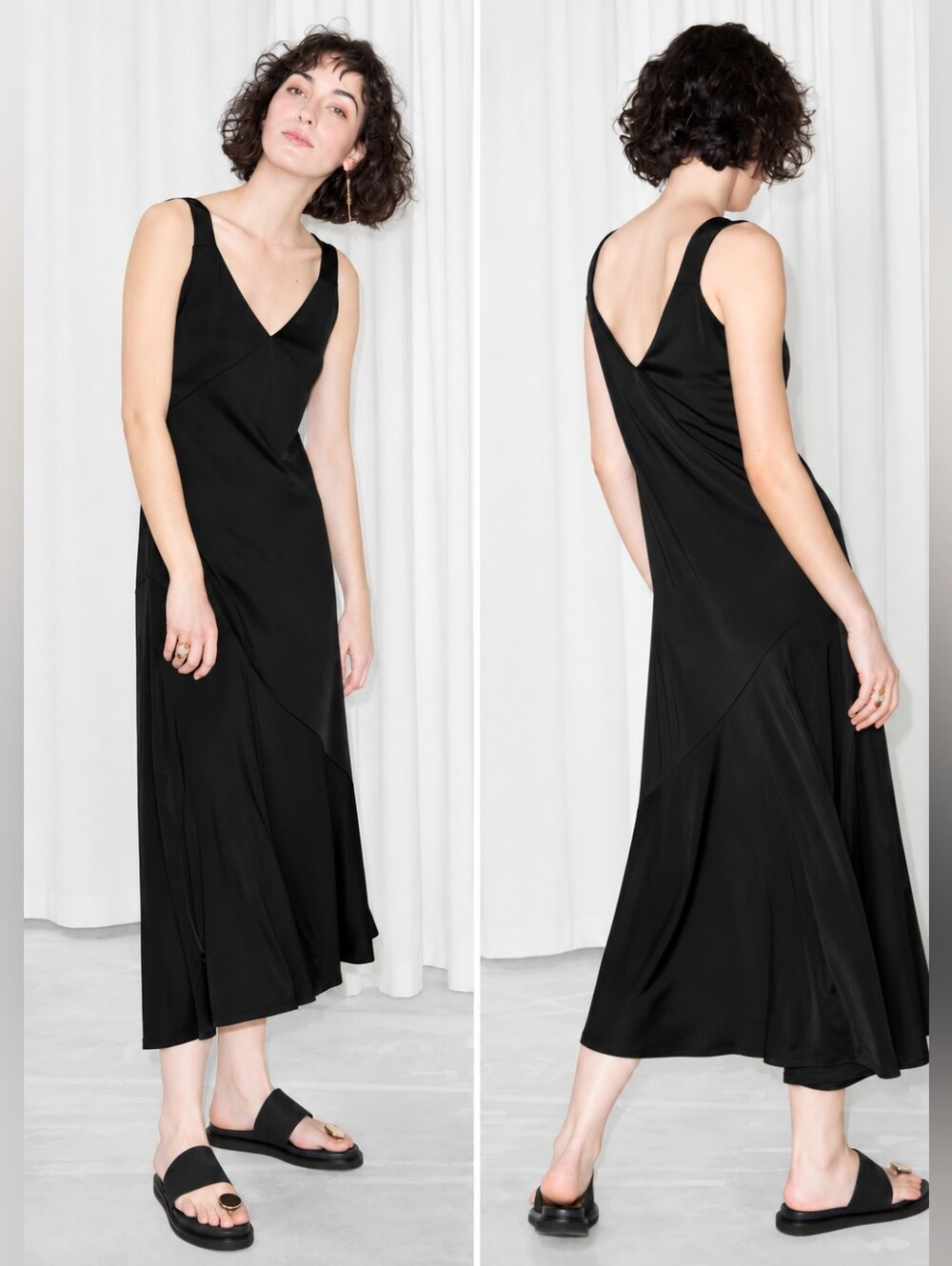 & Other Stories Stockholm Atelier Asymmetrical Flowy Midi Dress Black US 2